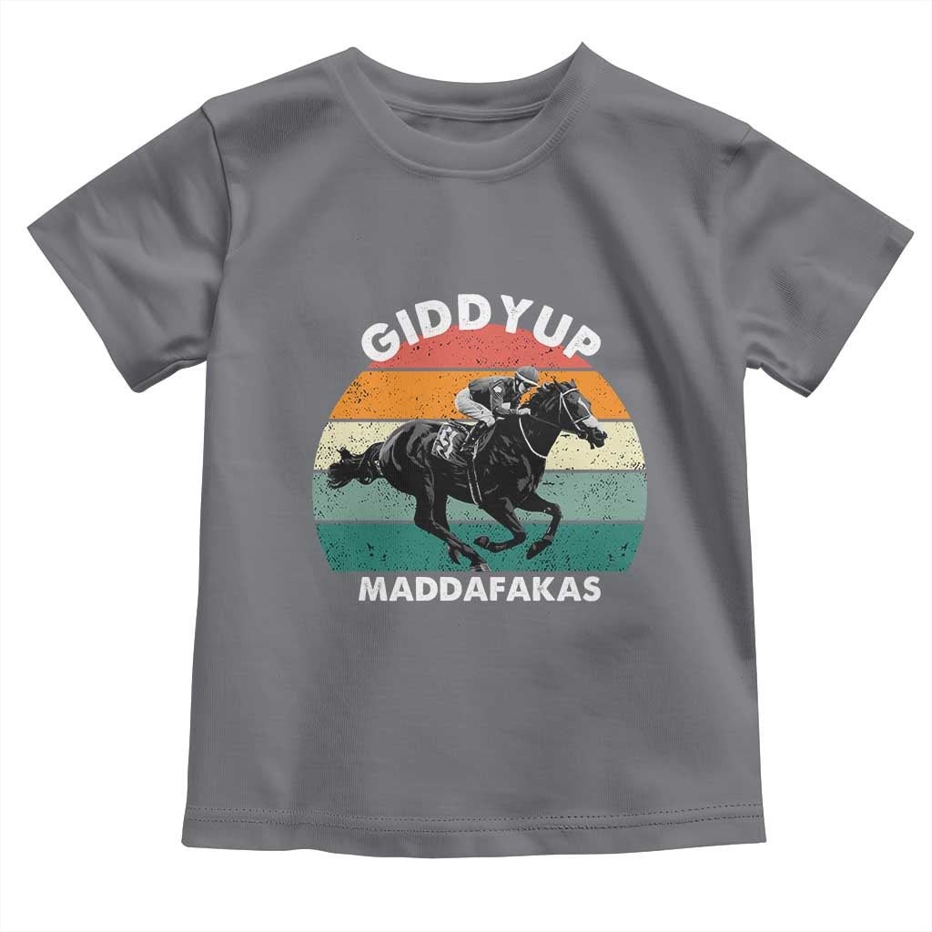 Giddy Up Madafakas Retro Sunset Horse Racing Toddler T Shirt Funny Sarcastic Equestrian Jockey Vintage 70s TS02 Charcoal Print Your Wear