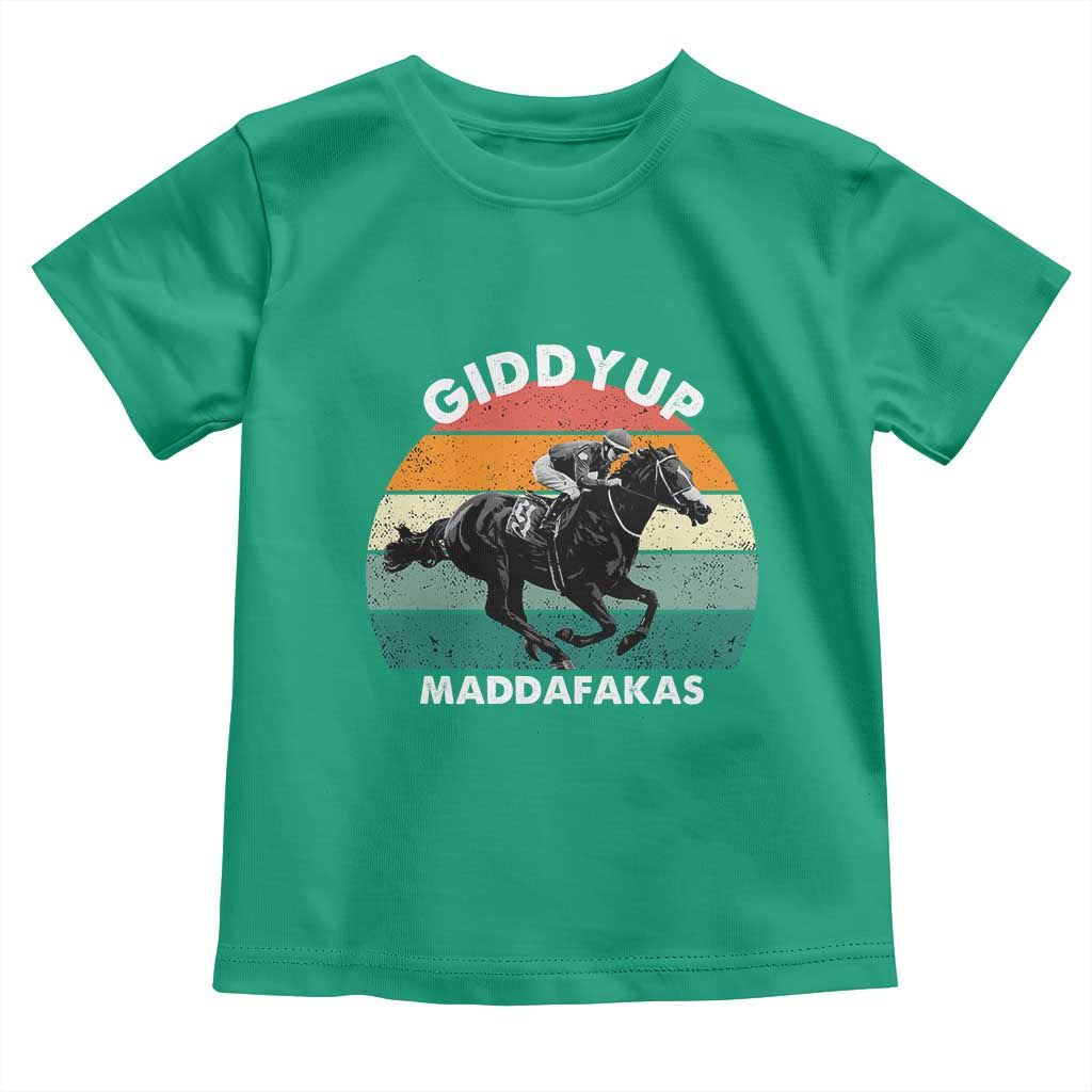 Giddy Up Madafakas Retro Sunset Horse Racing Toddler T Shirt Funny Sarcastic Equestrian Jockey Vintage 70s TS02 Irish Green Print Your Wear