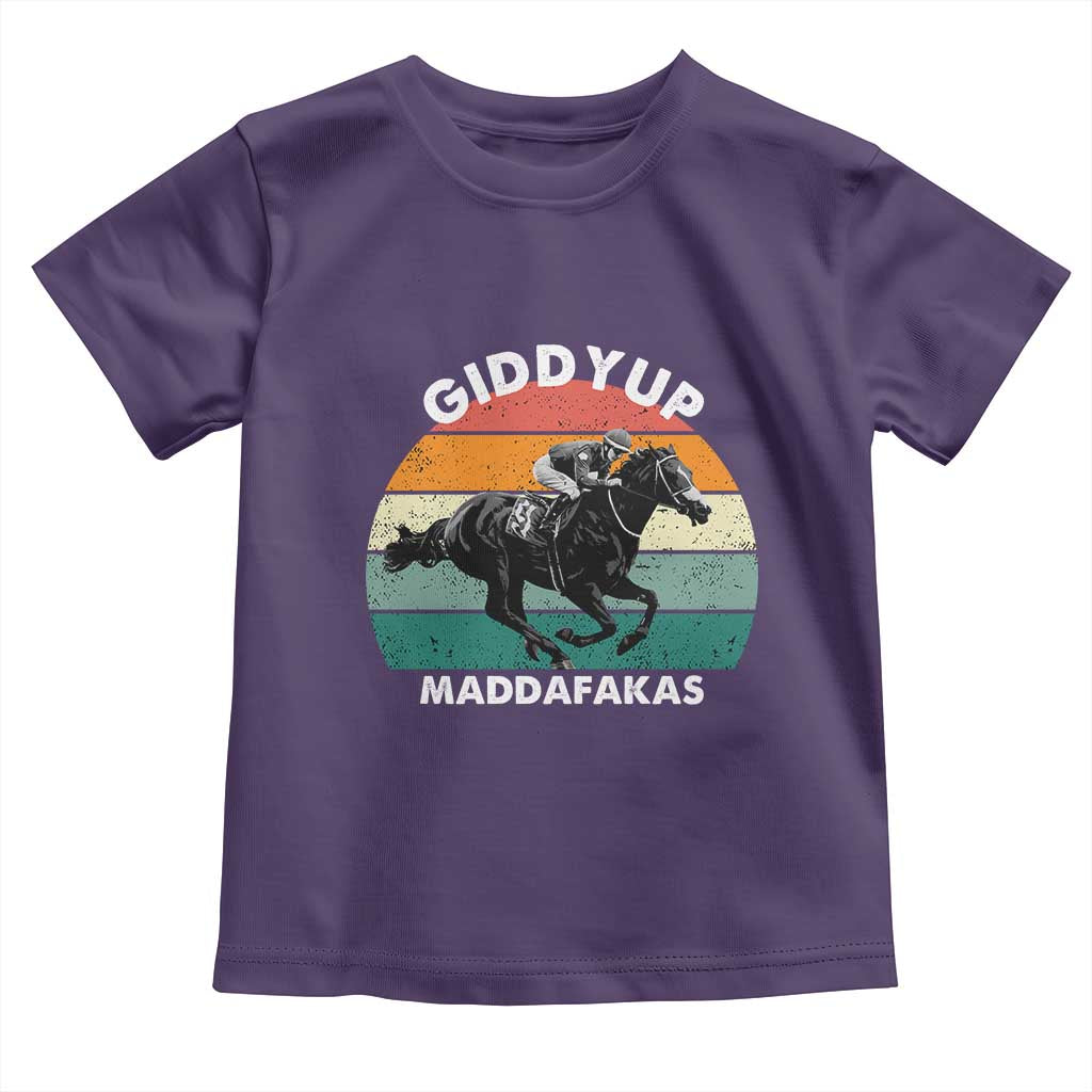 Giddy Up Madafakas Retro Sunset Horse Racing Toddler T Shirt Funny Sarcastic Equestrian Jockey Vintage 70s TS02 Purple Print Your Wear