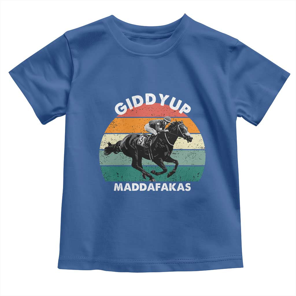 Giddy Up Madafakas Retro Sunset Horse Racing Toddler T Shirt Funny Sarcastic Equestrian Jockey Vintage 70s TS02 Royal Blue Print Your Wear