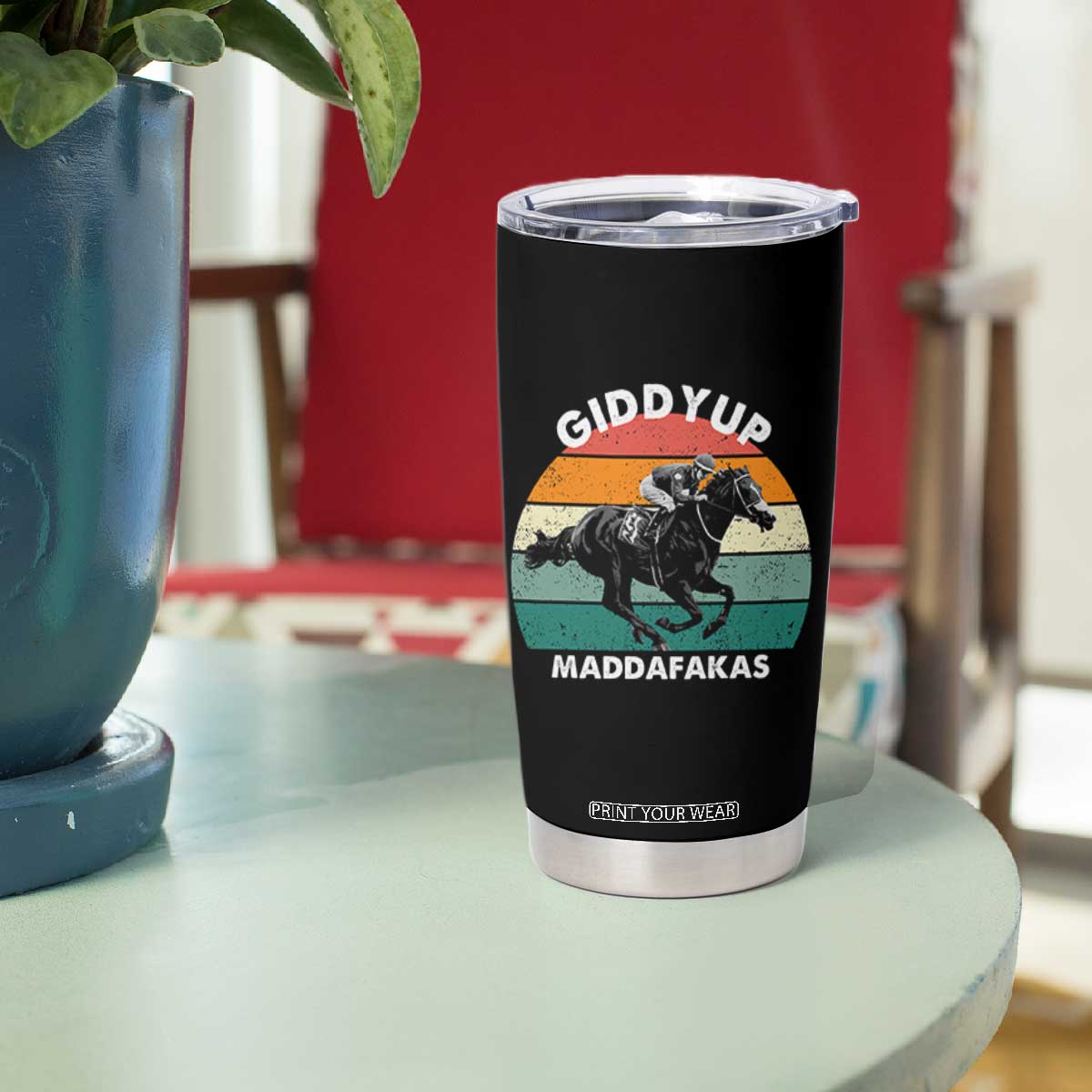 Giddy Up Madafakas Retro Sunset Horse Racing Tumbler Cup Funny Sarcastic Equestrian Jockey Vintage 70s TS02 Print Your Wear