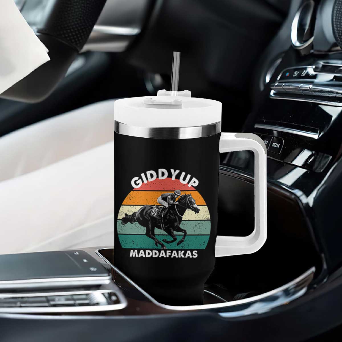 Giddy Up Madafakas Retro Sunset Horse Racing Tumbler With Handle Funny Sarcastic Equestrian Jockey Vintage 70s TS02 Print Your Wear