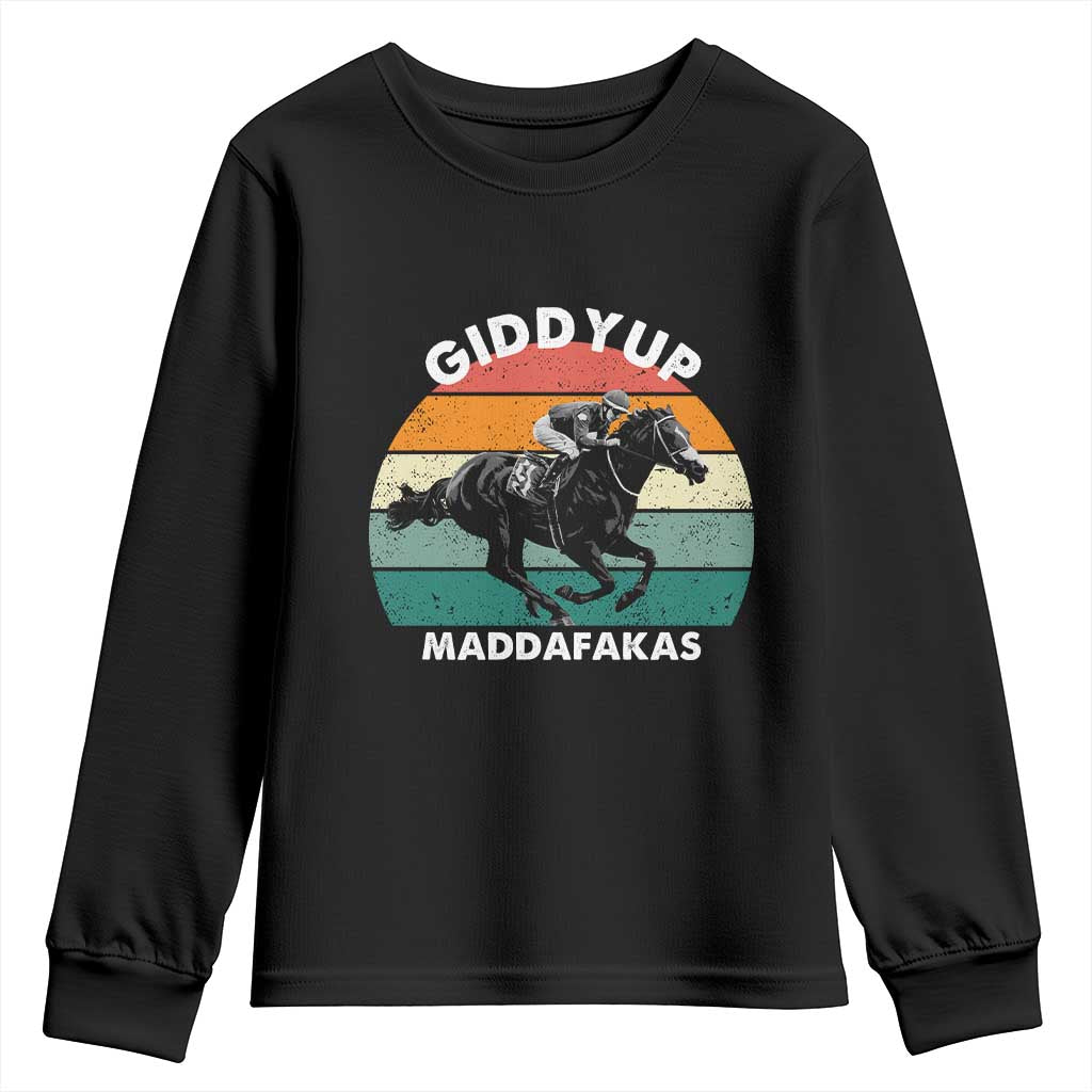 Giddy Up Madafakas Retro Sunset Horse Racing Youth Sweatshirt Funny Sarcastic Equestrian Jockey Vintage 70s TS02 Black Print Your Wear