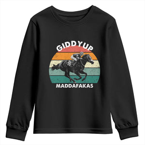 Giddy Up Madafakas Retro Sunset Horse Racing Youth Sweatshirt Funny Sarcastic Equestrian Jockey Vintage 70s TS02 Black Print Your Wear