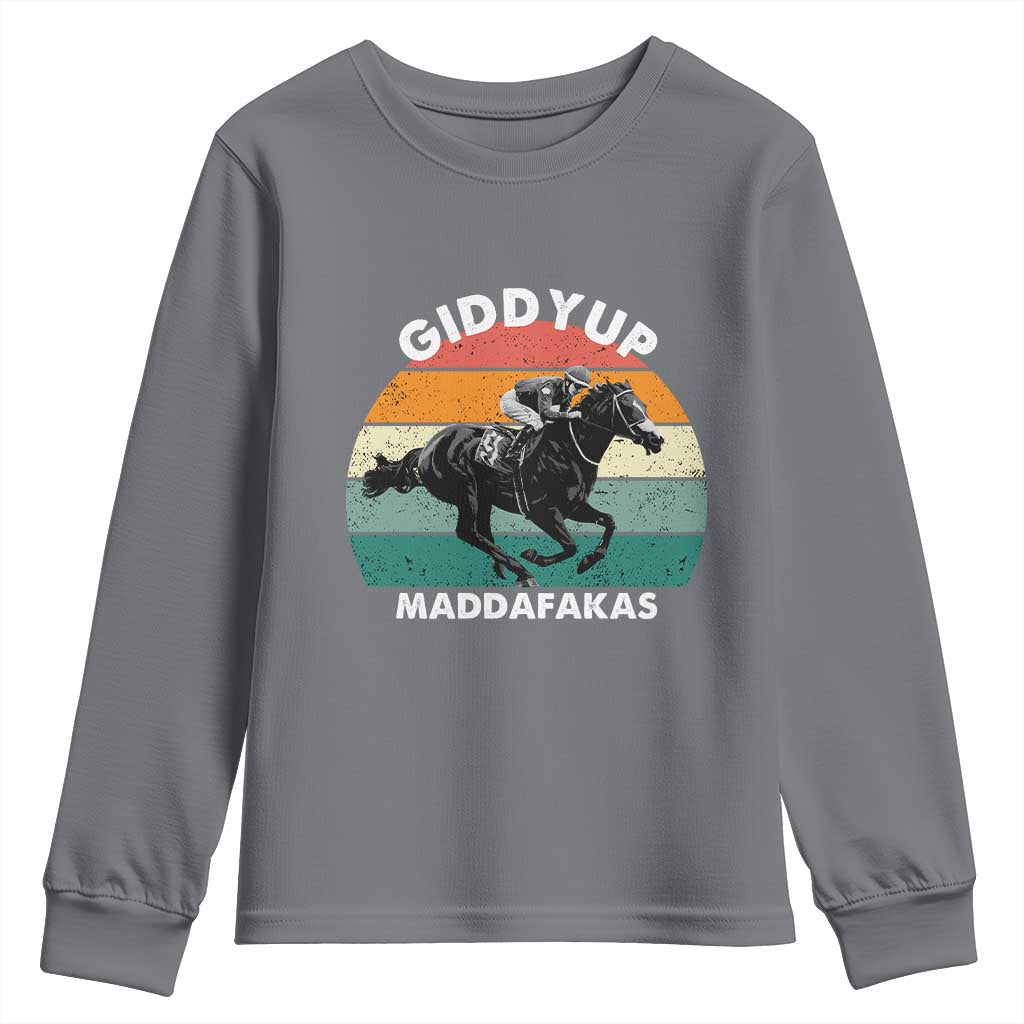 Giddy Up Madafakas Retro Sunset Horse Racing Youth Sweatshirt Funny Sarcastic Equestrian Jockey Vintage 70s TS02 Charcoal Print Your Wear