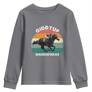Giddy Up Madafakas Retro Sunset Horse Racing Youth Sweatshirt Funny Sarcastic Equestrian Jockey Vintage 70s TS02 Charcoal Print Your Wear