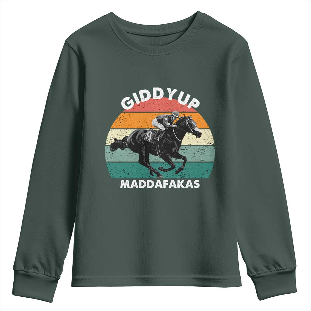 Giddy Up Madafakas Retro Sunset Horse Racing Youth Sweatshirt Funny Sarcastic Equestrian Jockey Vintage 70s TS02 Dark Forest Green Print Your Wear