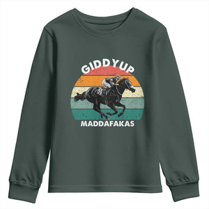 Giddy Up Madafakas Retro Sunset Horse Racing Youth Sweatshirt Funny Sarcastic Equestrian Jockey Vintage 70s TS02 Dark Forest Green Print Your Wear