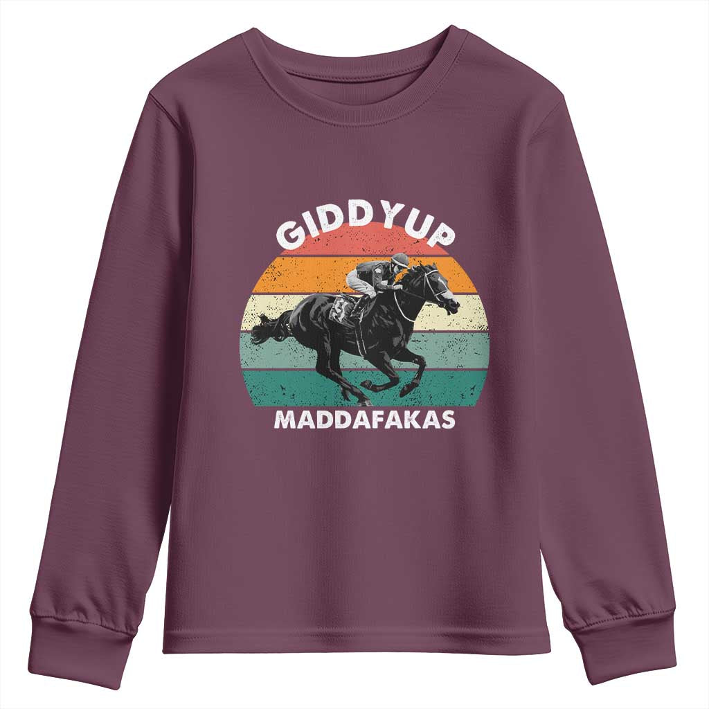 Giddy Up Madafakas Retro Sunset Horse Racing Youth Sweatshirt Funny Sarcastic Equestrian Jockey Vintage 70s TS02 Maroon Print Your Wear