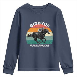 Giddy Up Madafakas Retro Sunset Horse Racing Youth Sweatshirt Funny Sarcastic Equestrian Jockey Vintage 70s TS02 Navy Print Your Wear