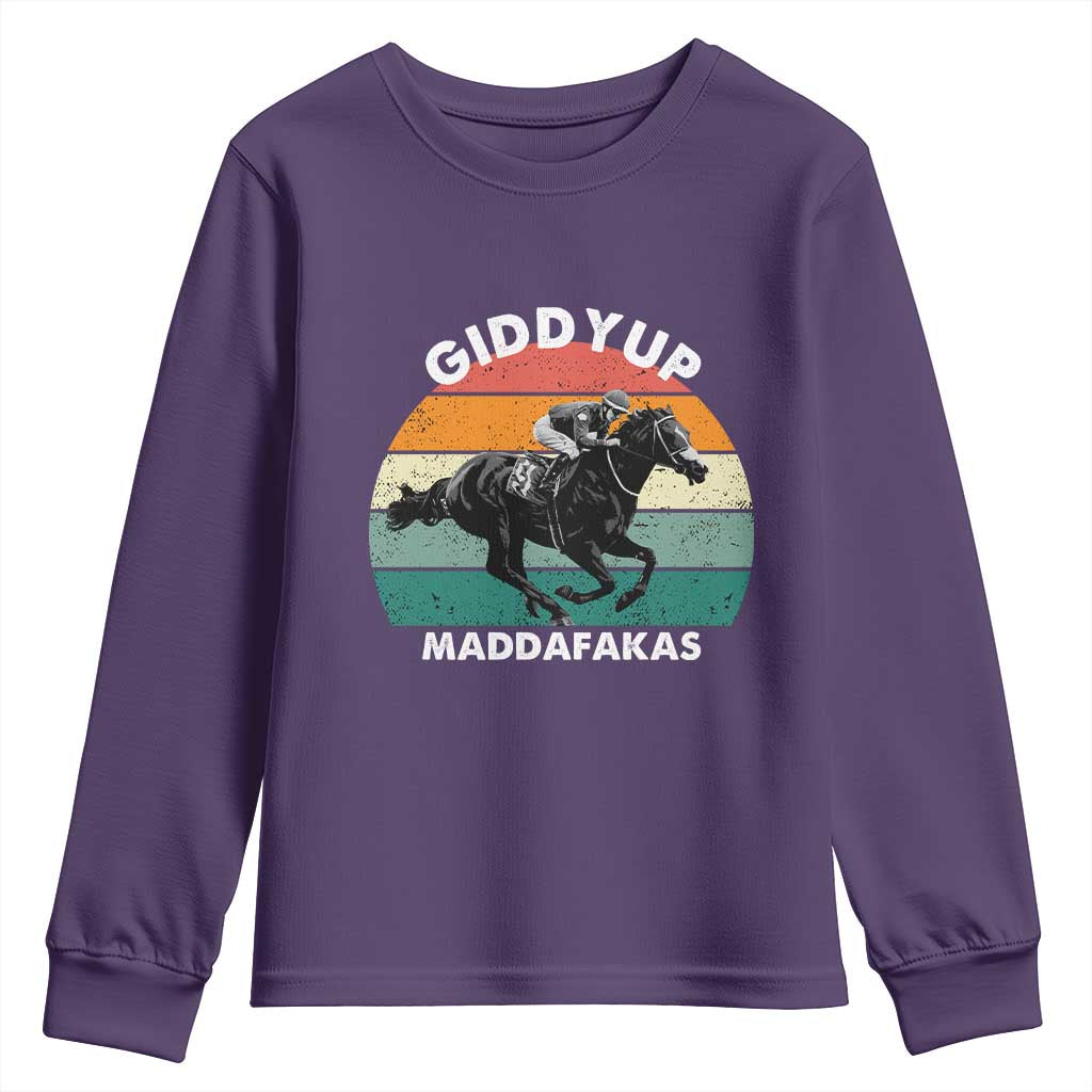Giddy Up Madafakas Retro Sunset Horse Racing Youth Sweatshirt Funny Sarcastic Equestrian Jockey Vintage 70s TS02 Purple Print Your Wear