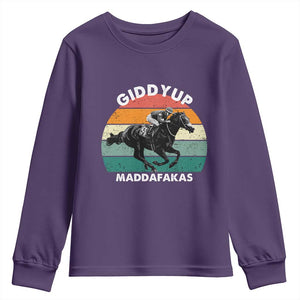 Giddy Up Madafakas Retro Sunset Horse Racing Youth Sweatshirt Funny Sarcastic Equestrian Jockey Vintage 70s TS02 Purple Print Your Wear