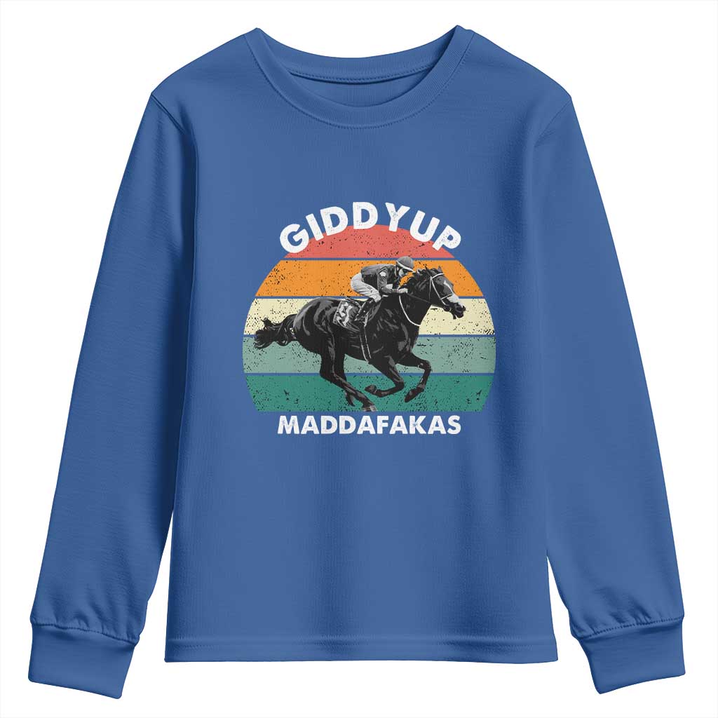 Giddy Up Madafakas Retro Sunset Horse Racing Youth Sweatshirt Funny Sarcastic Equestrian Jockey Vintage 70s TS02 Royal Blue Print Your Wear