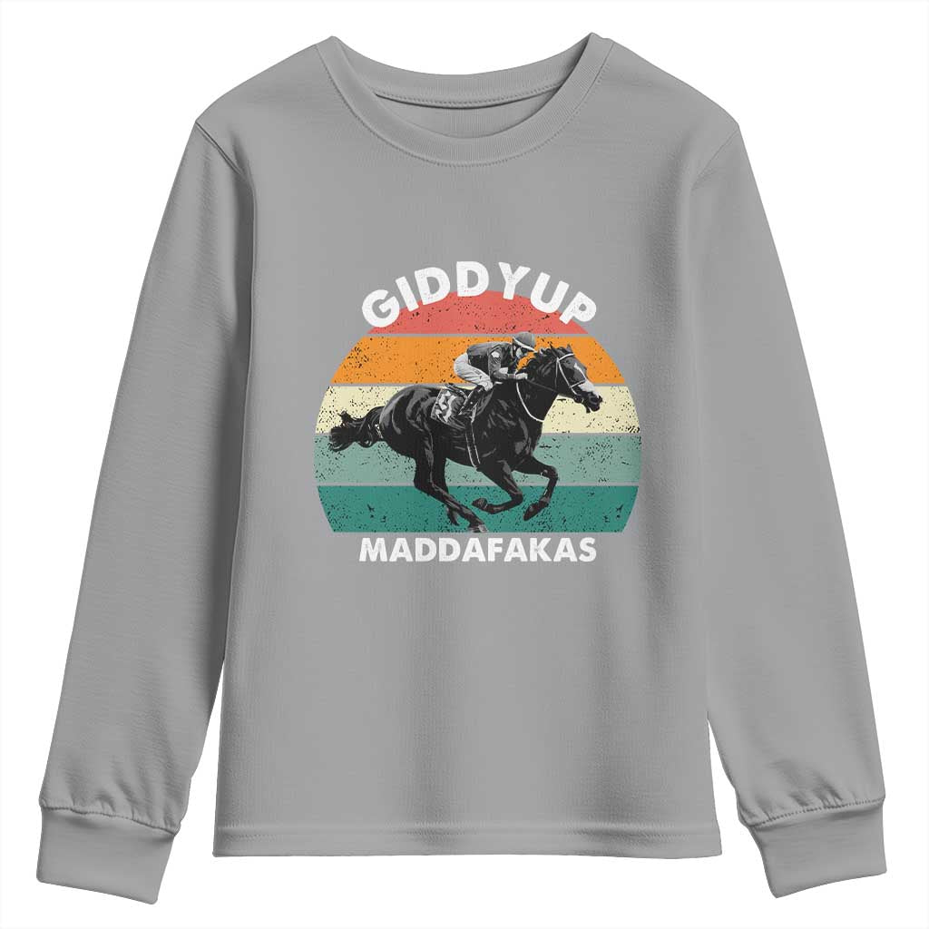 Giddy Up Madafakas Retro Sunset Horse Racing Youth Sweatshirt Funny Sarcastic Equestrian Jockey Vintage 70s TS02 Sport Gray Print Your Wear