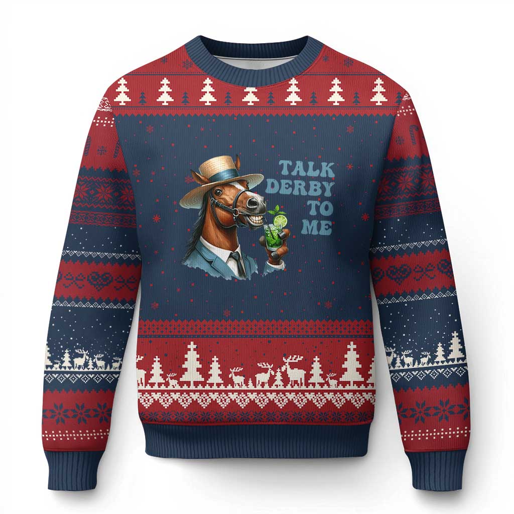 Talk Derby To Me Ugly Christmas Sweater Funny Horse Racing KY Racing Day TS02 Navy Red Print Your Wear