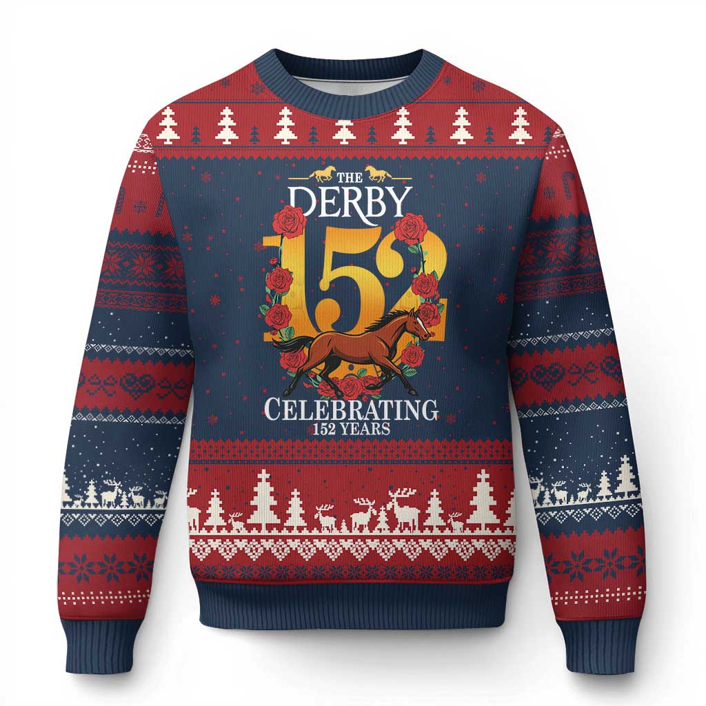 Celebrating 152 Years Horse Racing Anniversary Horseshoe Graphic Ugly Christmas Sweater Elegant Run Lucky Charm Floral 152nd Anniversary TS02 Navy Red Print Your Wear