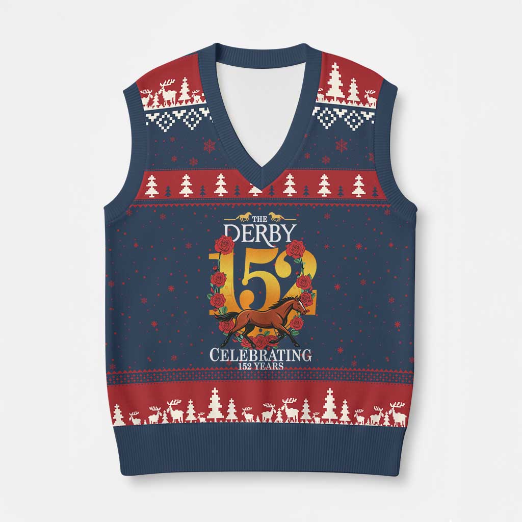 Celebrating 152 Years Horse Racing Anniversary Horseshoe Graphic V-Neck Knit Sweater Vest Elegant Run Lucky Charm Floral 152nd Anniversary TS02 Navy Red Print Your Wear