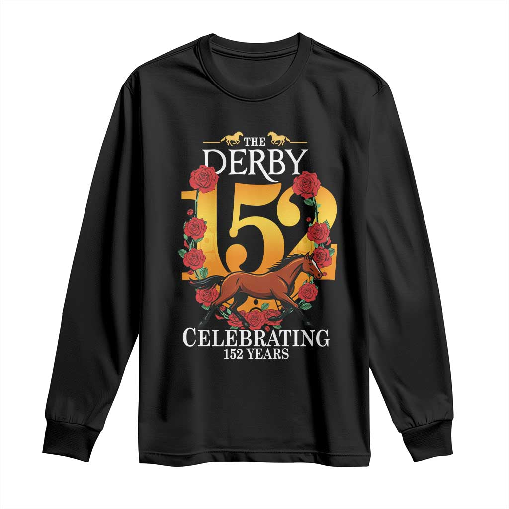 Celebrating 152 Years Horse Racing Anniversary Horseshoe Graphic Long Sleeve Shirt Elegant Run Lucky Charm Floral 152nd Anniversary TS02 Black Print Your Wear