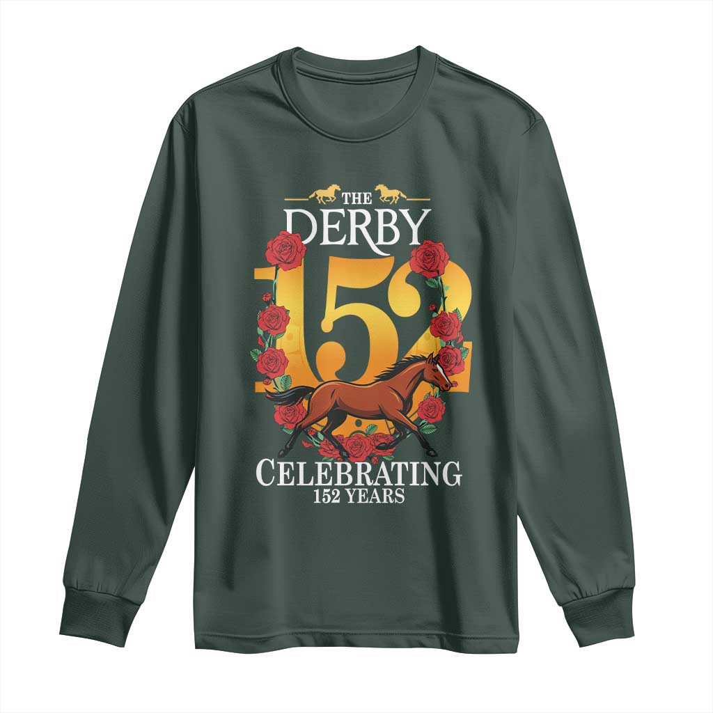 Celebrating 152 Years Horse Racing Anniversary Horseshoe Graphic Long Sleeve Shirt Elegant Run Lucky Charm Floral 152nd Anniversary TS02 Dark Forest Green Print Your Wear