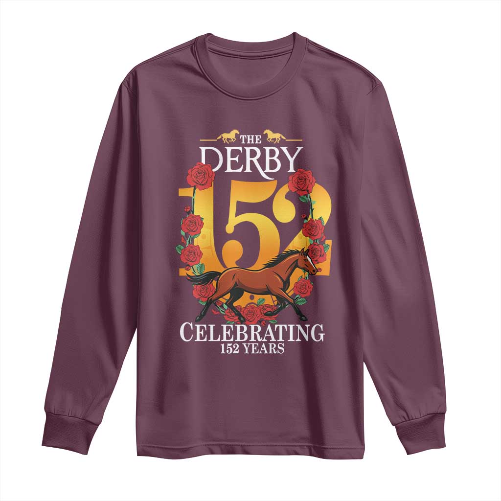 Celebrating 152 Years Horse Racing Anniversary Horseshoe Graphic Long Sleeve Shirt Elegant Run Lucky Charm Floral 152nd Anniversary TS02 Maroon Print Your Wear