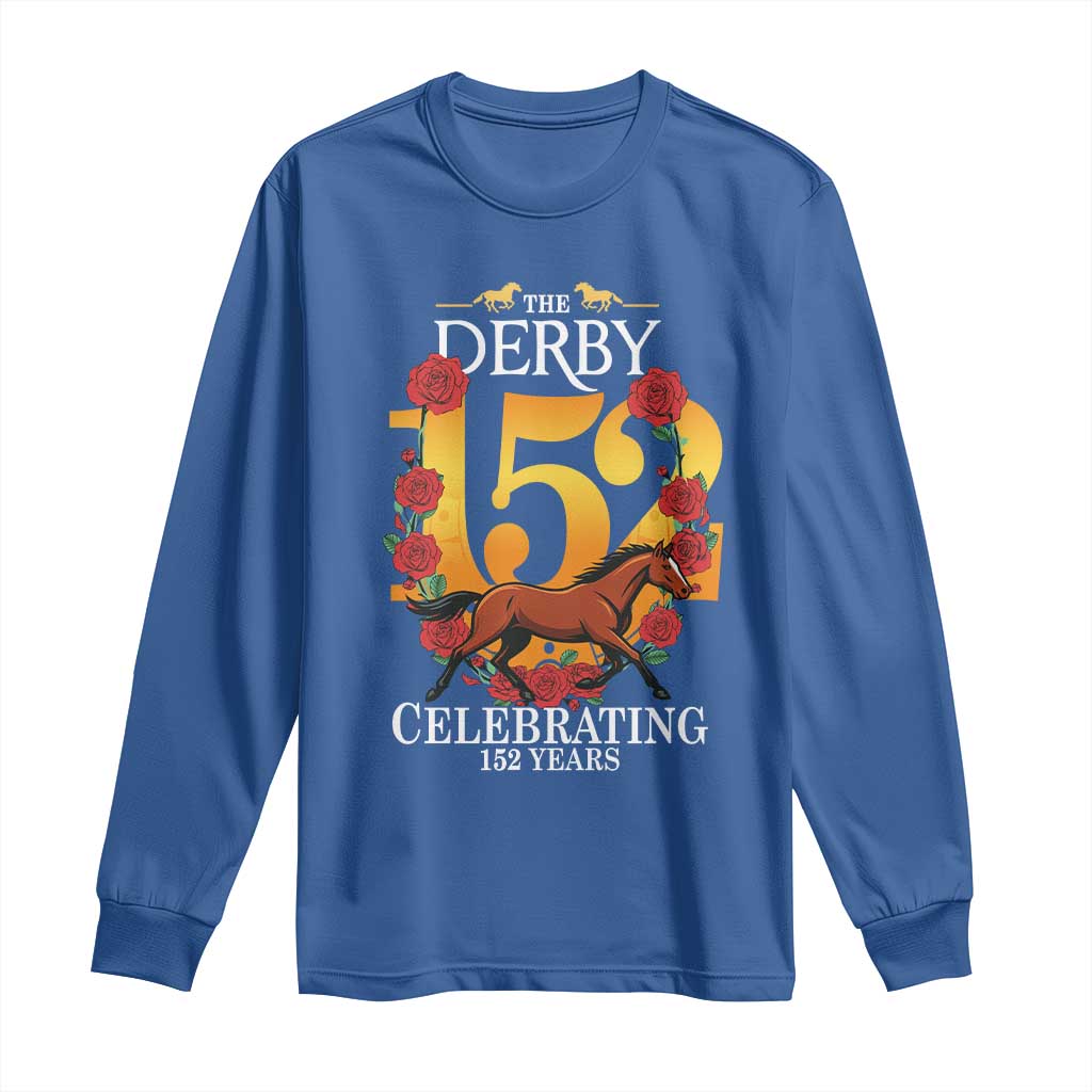 Celebrating 152 Years Horse Racing Anniversary Horseshoe Graphic Long Sleeve Shirt Elegant Run Lucky Charm Floral 152nd Anniversary TS02 Royal Blue Print Your Wear