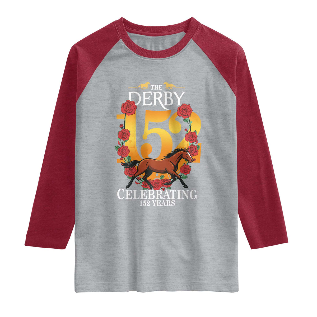 Celebrating 152 Years Horse Racing Anniversary Horseshoe Graphic Raglan Shirt Elegant Run Lucky Charm Floral 152nd Anniversary TS02 Heather Gray Heather Red Print Your Wear