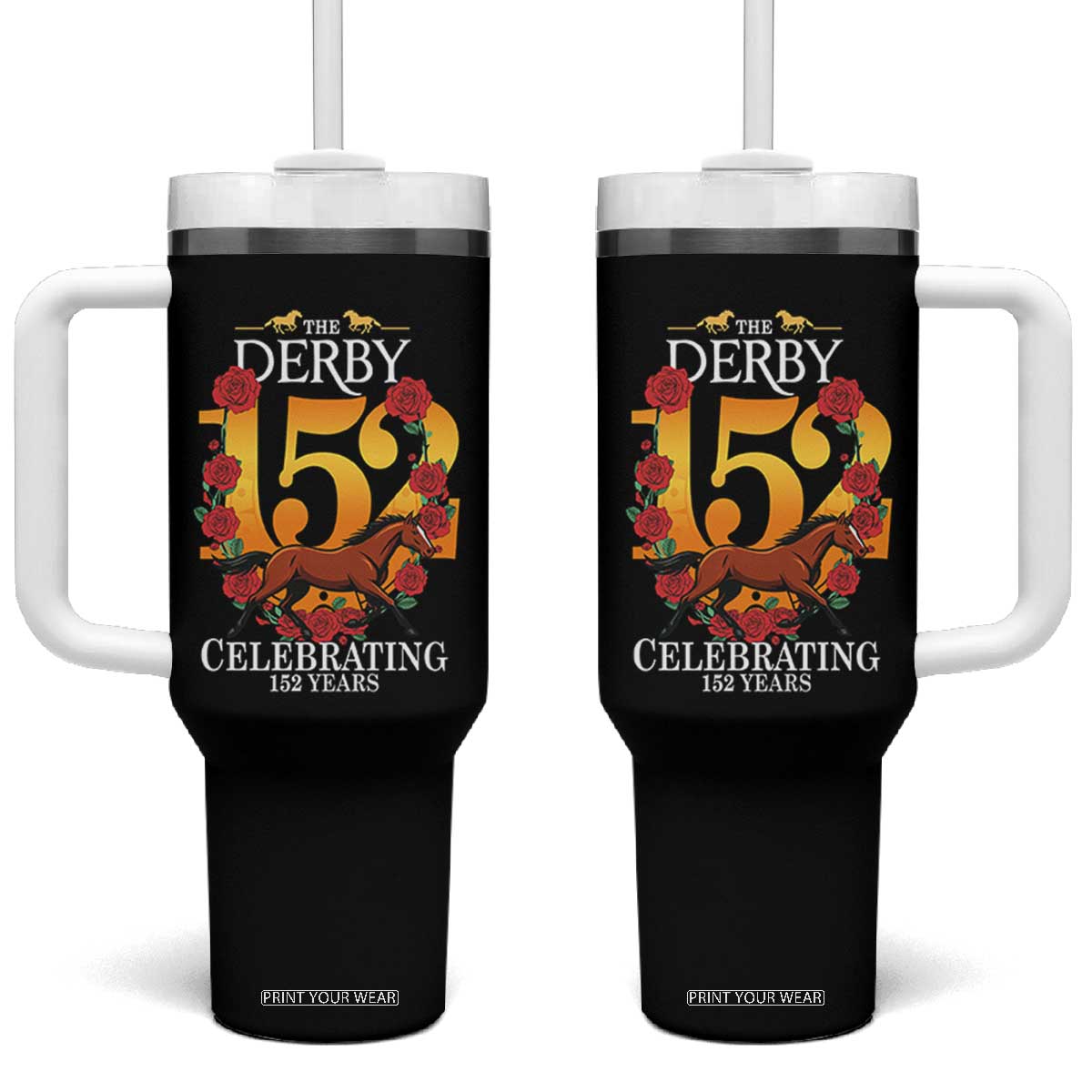 Celebrating 152 Years Horse Racing Anniversary Horseshoe Graphic Tumbler With Handle Elegant Run Lucky Charm Floral 152nd Anniversary TS02 One Size: 40 oz Black Print Your Wear