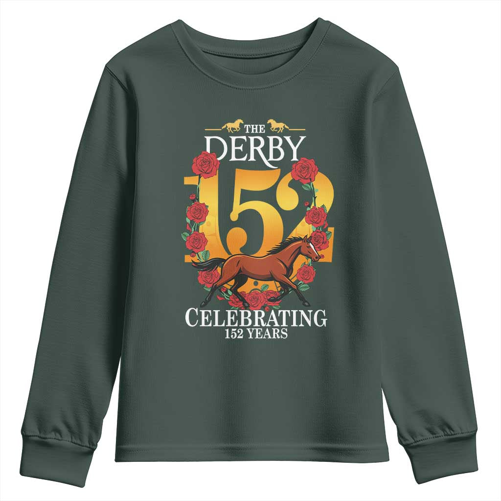 Celebrating 152 Years Horse Racing Anniversary Horseshoe Graphic Youth Sweatshirt Elegant Run Lucky Charm Floral 152nd Anniversary TS02 Dark Forest Green Print Your Wear