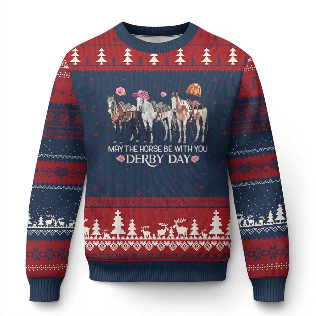 May The Horse Be With You Derby Day 2026 Ugly Christmas Sweater Funny Horse Racing Triple Horse Equestrian Graphic TS02 Navy Red Print Your Wear