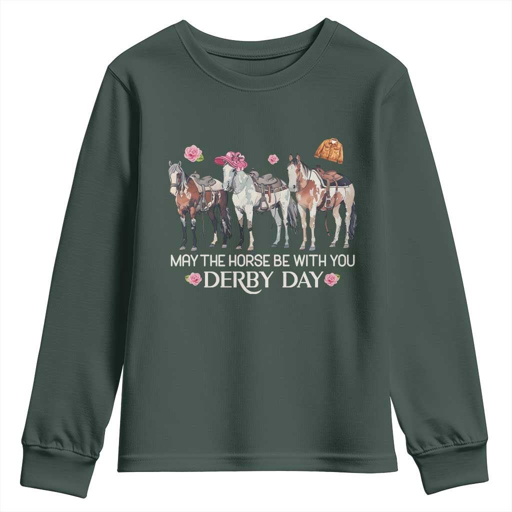 May The Horse Be With You Derby Day Youth Sweatshirt Funny Horse Racing Triple Horse Equestrian Graphic TS02 Dark Forest Green Print Your Wear