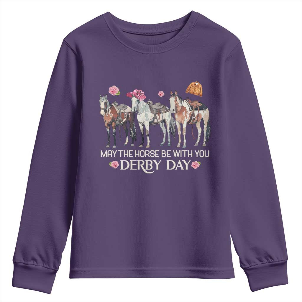 May The Horse Be With You Derby Day Youth Sweatshirt Funny Horse Racing Triple Horse Equestrian Graphic TS02 Purple Print Your Wear