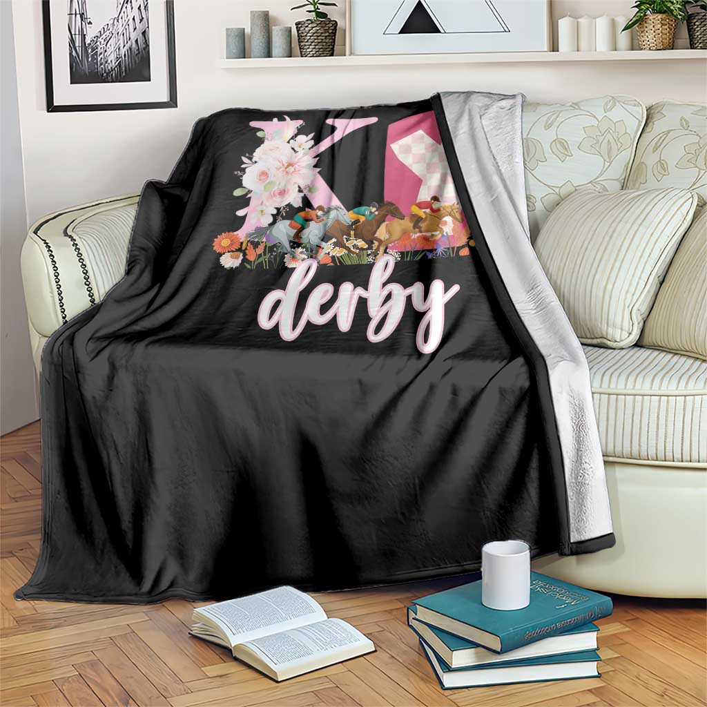 Retro Floral KY Horse Racing Graphic Throw Blanket Pink Gingham Southern Belle Derby Day Aesthetic TS02 Print Your Wear