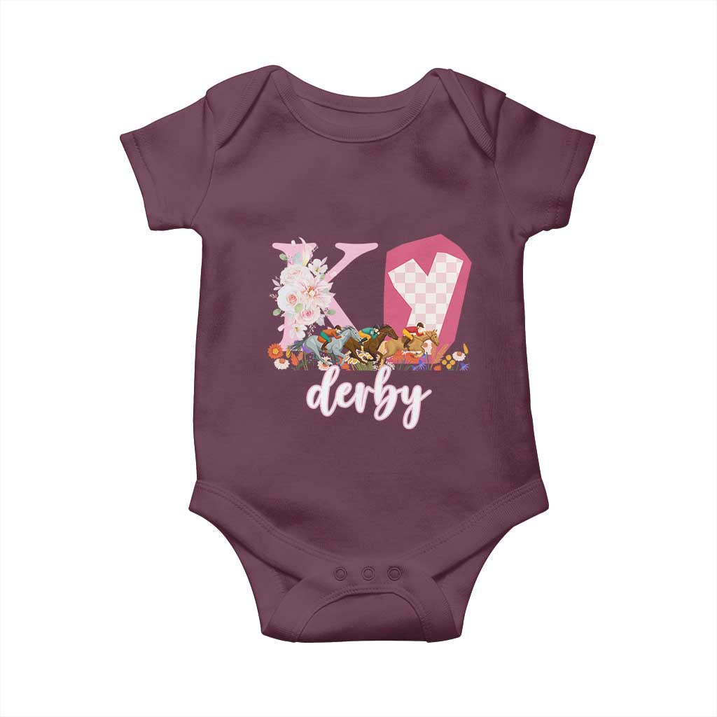 Retro Floral KY Horse Racing Graphic Baby Onesie Pink Gingham Southern Belle Derby Day Aesthetic TS02 Maroon Print Your Wear