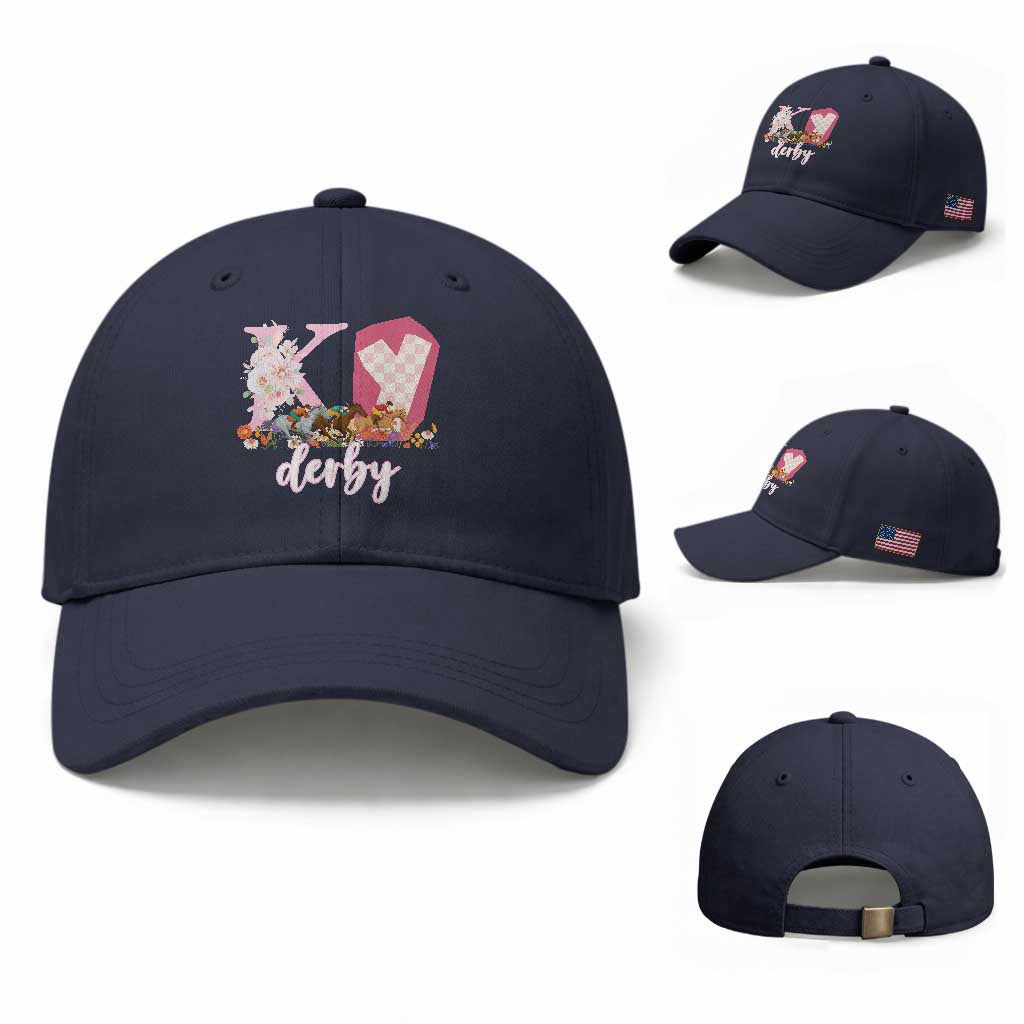 Retro Floral KY Horse Racing Graphic Baseball Cap Pink Gingham Southern Belle Derby Day Aesthetic TS02 Baseball Cap Universal Fit Navy Print Your Wear