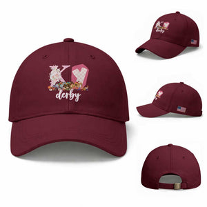 Retro Floral KY Horse Racing Graphic Baseball Cap Pink Gingham Southern Belle Derby Day Aesthetic TS02 Baseball Cap Universal Fit Maroon Print Your Wear
