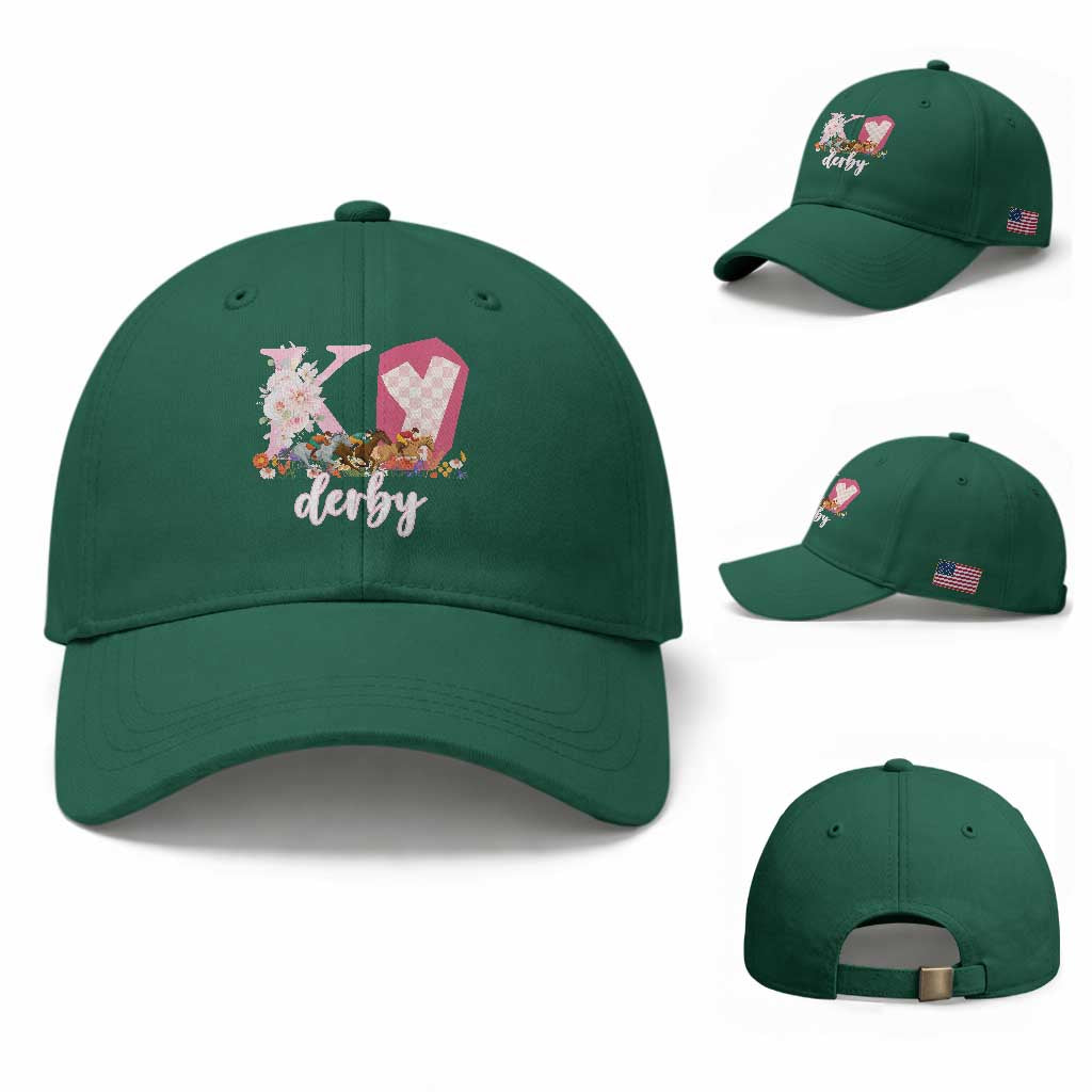 Retro Floral KY Horse Racing Graphic Baseball Cap Pink Gingham Southern Belle Derby Day Aesthetic TS02 Baseball Cap Universal Fit Irish Green Print Your Wear
