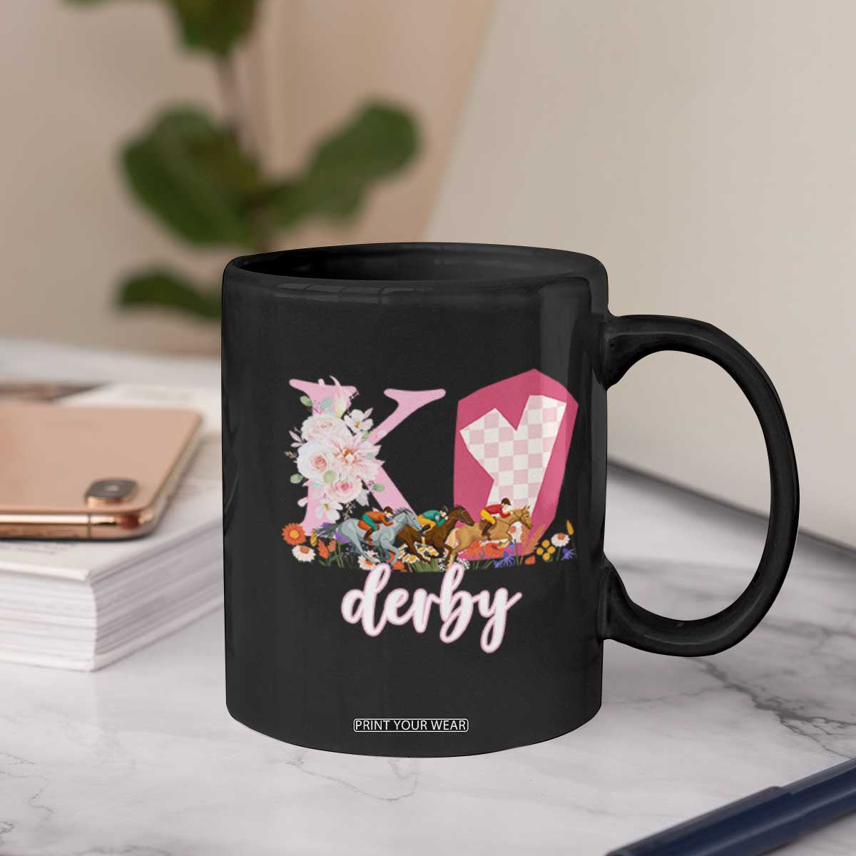 Retro Floral KY Horse Racing Graphic Coffee Mug Pink Gingham Southern Belle Derby Day Aesthetic TS02 Print Your Wear
