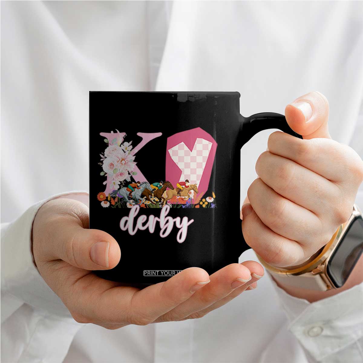 Retro Floral KY Horse Racing Graphic Coffee Mug Pink Gingham Southern Belle Derby Day Aesthetic TS02 Print Your Wear