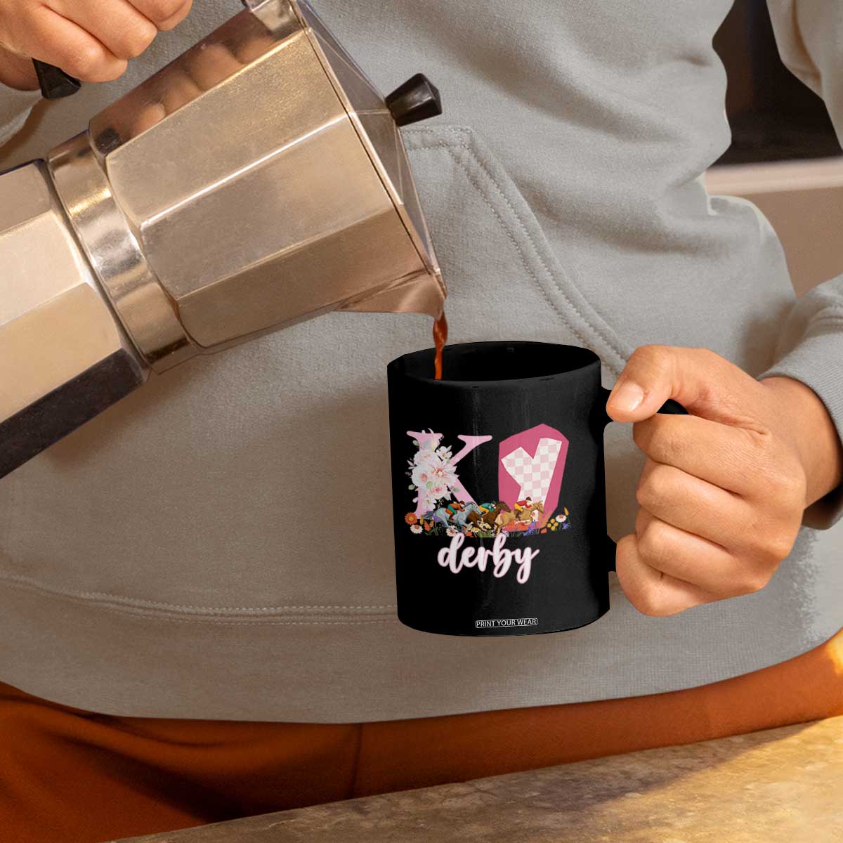 Retro Floral KY Horse Racing Graphic Coffee Mug Pink Gingham Southern Belle Derby Day Aesthetic TS02 Print Your Wear