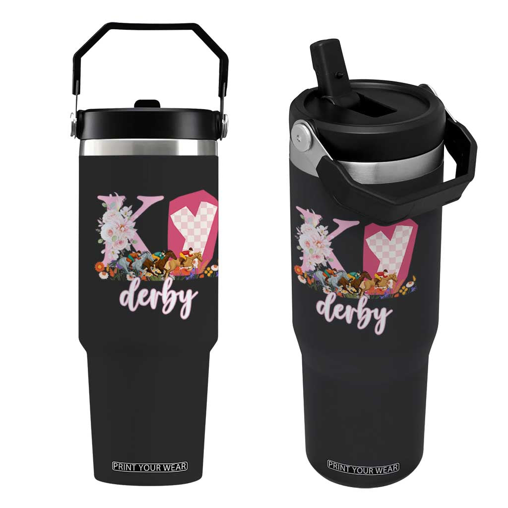 Retro Floral KY Horse Racing Graphic Flip Straw Tumbler Pink Gingham Southern Belle Derby Day Aesthetic TS02 One Size: 30 oz Black Print Your Wear