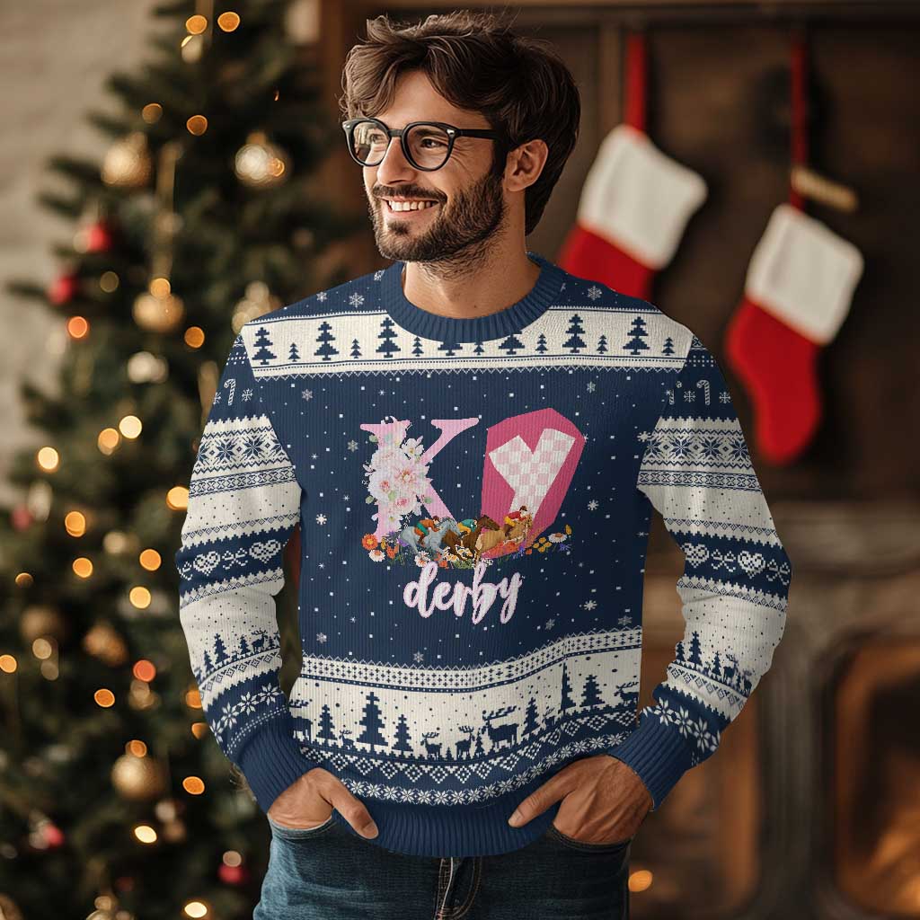 Retro Floral KY Horse Racing Graphic Ugly Christmas Sweater Pink Gingham Southern Belle Derby Day Aesthetic TS02 Navy Beige Print Your Wear