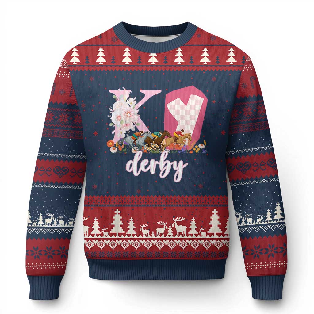 Retro Floral KY Horse Racing Graphic Ugly Christmas Sweater Pink Gingham Southern Belle Derby Day Aesthetic TS02 Navy Red Print Your Wear