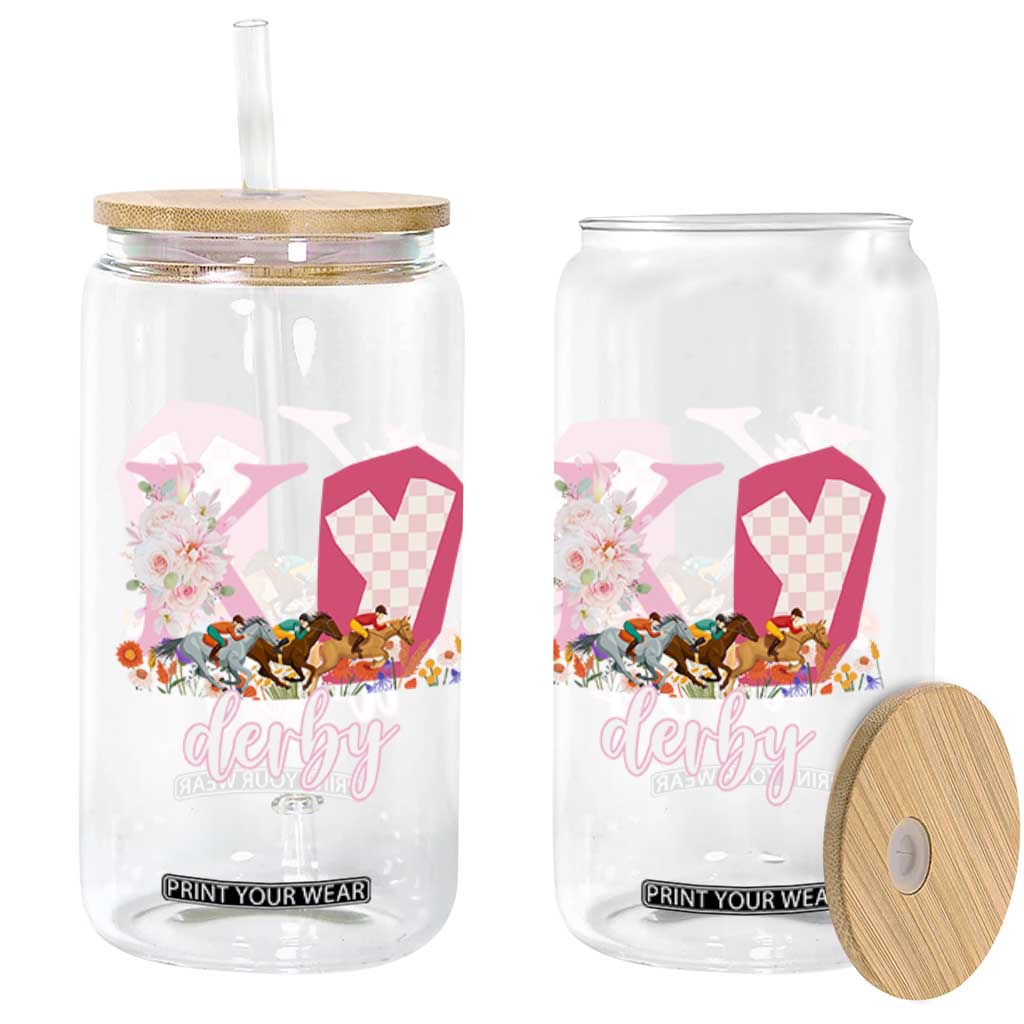 Retro Floral KY Horse Racing Graphic Glass Can Pink Gingham Southern Belle Derby Day Aesthetic TS02 Print Your Wear