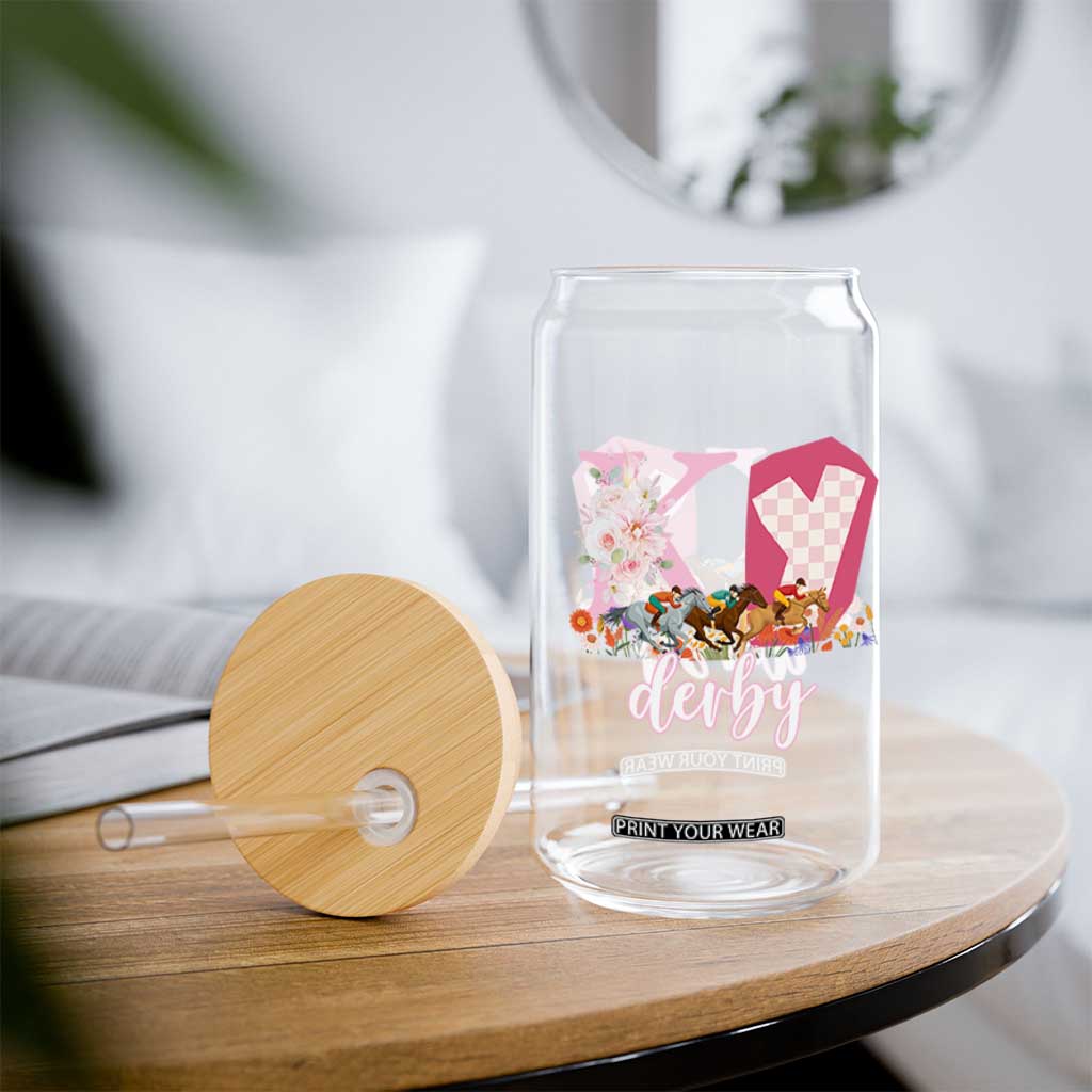 Retro Floral KY Horse Racing Graphic Glass Can Pink Gingham Southern Belle Derby Day Aesthetic TS02 Print Your Wear