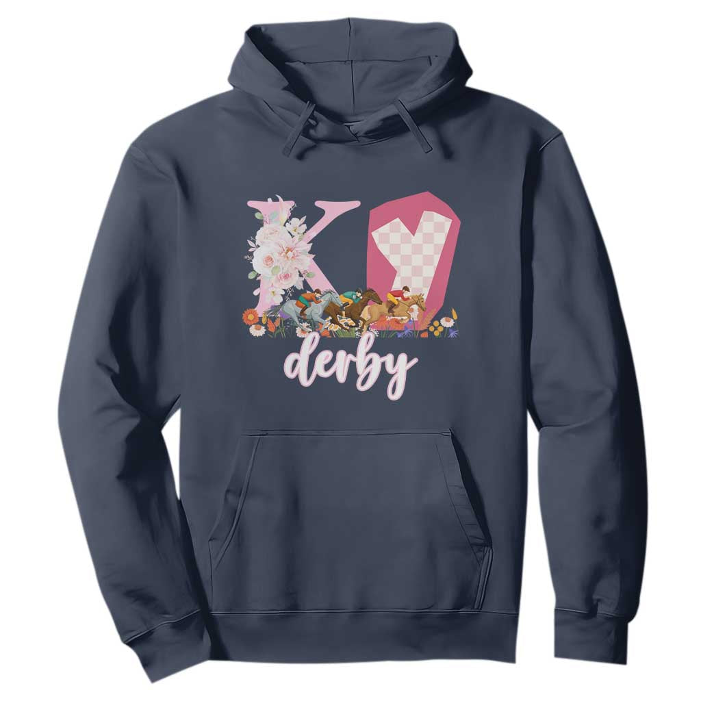 Retro Floral KY Horse Racing Graphic Hoodie Pink Gingham Southern Belle Derby Day Aesthetic TS02 Navy Print Your Wear