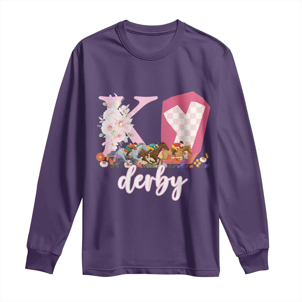 Retro Floral KY Horse Racing Graphic Long Sleeve Shirt Pink Gingham Southern Belle Derby Day Aesthetic TS02 Purple Print Your Wear