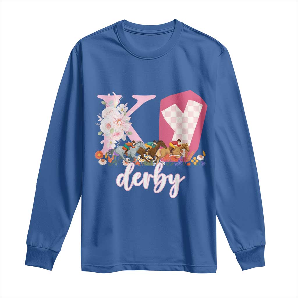 Retro Floral KY Horse Racing Graphic Long Sleeve Shirt Pink Gingham Southern Belle Derby Day Aesthetic TS02 Royal Blue Print Your Wear