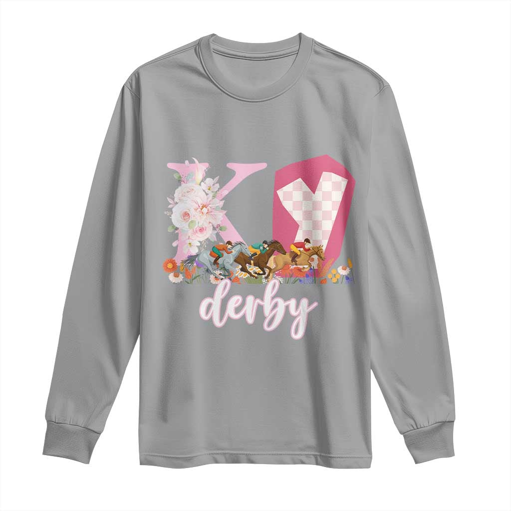 Retro Floral KY Horse Racing Graphic Long Sleeve Shirt Pink Gingham Southern Belle Derby Day Aesthetic TS02 Sport Gray Print Your Wear