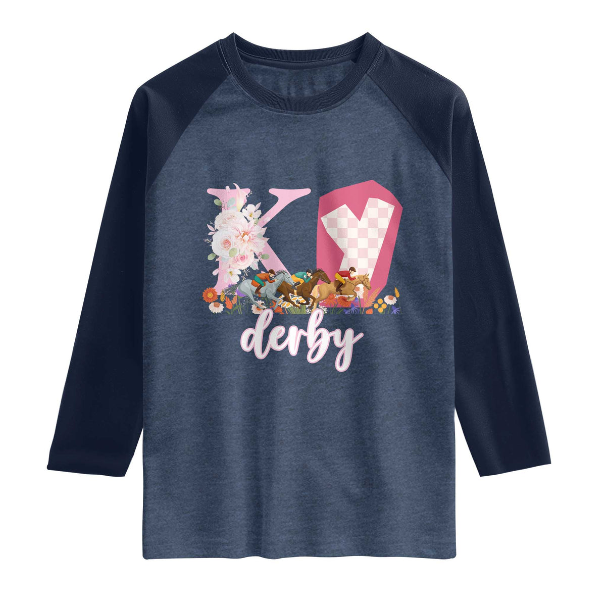 Retro Floral KY Horse Racing Graphic Raglan Shirt Pink Gingham Southern Belle Derby Day Aesthetic TS02 Heather Denim Navy Print Your Wear