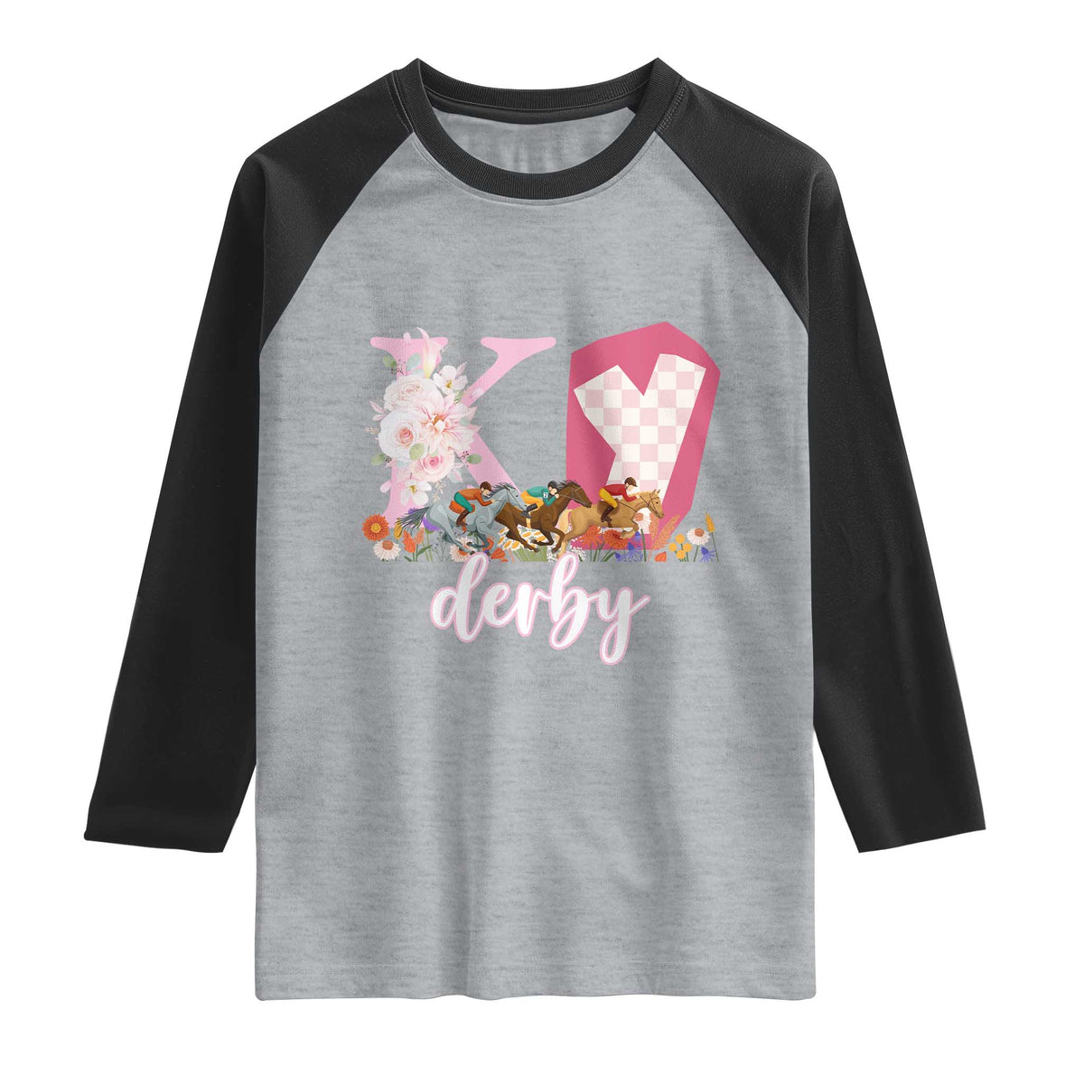 Retro Floral KY Horse Racing Graphic Raglan Shirt Pink Gingham Southern Belle Derby Day Aesthetic TS02 Heather Gray Black Print Your Wear
